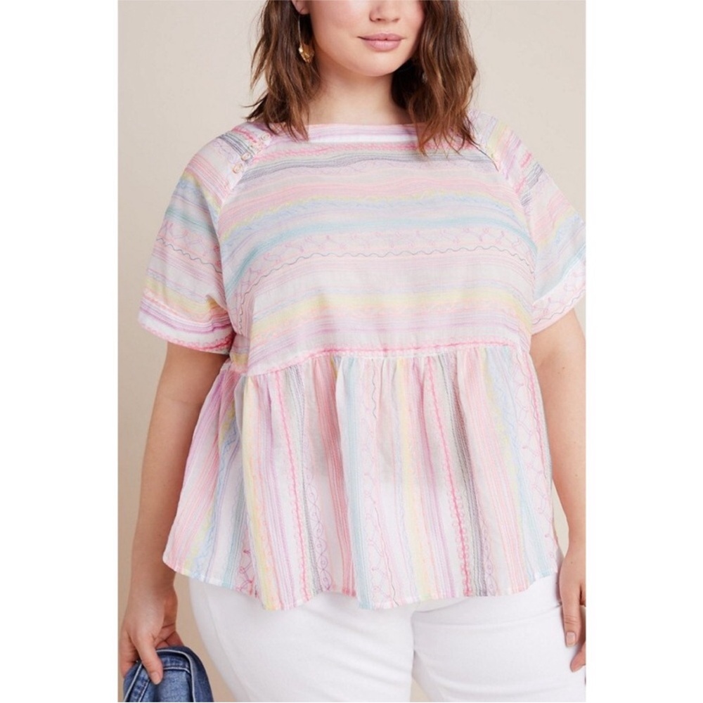 Anthropologie Letty Embroidered Colorful Babydoll Blouse Top